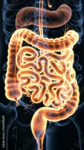 Holographic human digestive system glowing orange, pulsating with internal particles, centered in transparent blue wireframe torso on black background with digital lines. Smooth 360-degree orbital