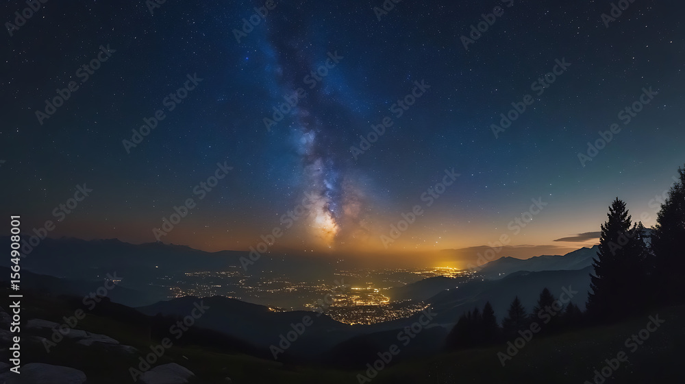 Fototapeta premium Beautiful night sky with the Milky Way, a starry background, and a panoramic view from an earthly perspective. The dark blue Milky Way galaxy in the universe.