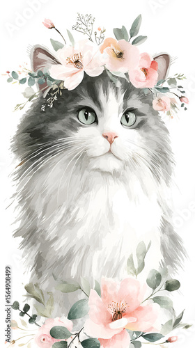 Cat with a floral crown watercolor style