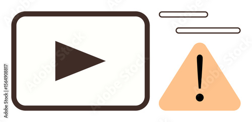 Play button in a rectangle alongside an orange triangle with exclamation mark and motion lines. Ideal for streaming, caution, warning, error, safety, alert, notification. Simple flat metaphor
