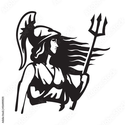 Silhouette of Britannia with long wavy hair wearing helmet armor and hold the trident. Simple flat illustration for logo and icon