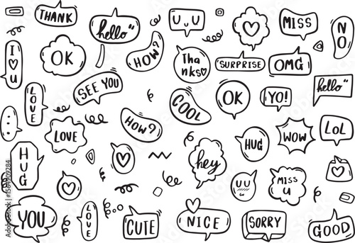 Comic Doodle Speech Bubbles with Text Like LOL, OK, OMG, WOW, Cute Hand Drawn Cartoon Expressions, Black and White, Transparent Background