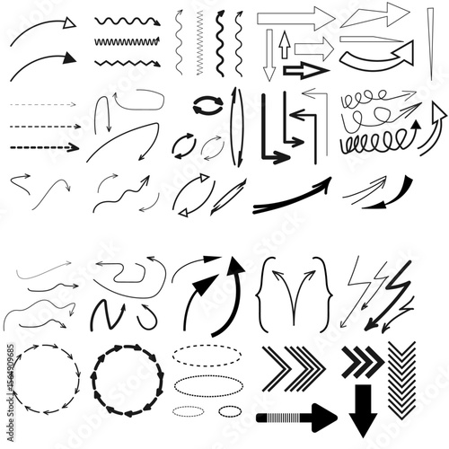 Collection of hand-drawn arrows, lines and direction symbols. Black sketch doodle elements for design, presentations and infographics