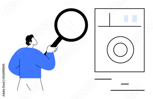 Person holding magnifying glass and inspecting washing machine. Ideal for review, scrutiny, product testing, quality control, analysis, appliance shopping, simple landing page