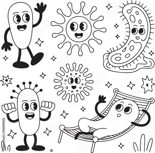 Whimsical cartoon germs and bacteria in black and white with retro style and happy expressions all around