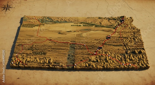 Kansas Map Relief with Red Roads and White Dots