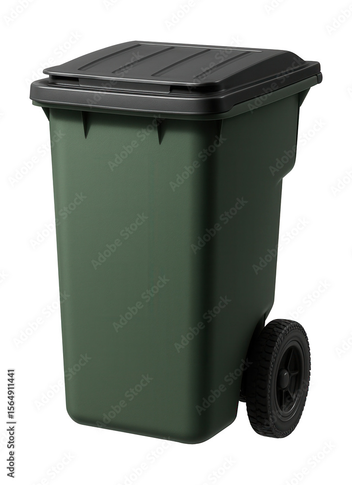 A large, wheeled outdoor garbage bin for storing weekly refuse collection in a suburban driveway. A large, wheeled outdoor garbage bin for storing weekly refuse collection in a suburban driveway.