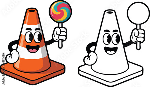 Cartoon traffic cone holding a lollipop and a blank sign in color and black and white illustration