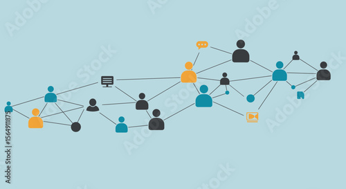 Abstract network illustration with human figures connected by lines on light blue background