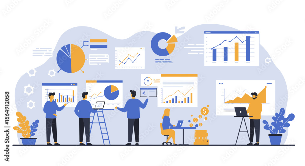 Business team analyzing financial data and growth charts for strategic planning