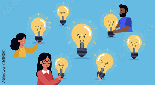 Diverse team generating creative ideas in a collaborative environment with lightbulbs