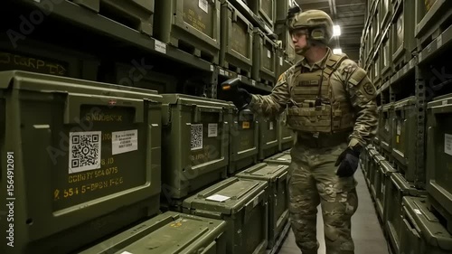 Soldier inspecting equipment in a military storage facility with organized crates and QR codes