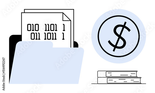 Folder with binary data, dollar coin icon, and stacked books represents digital data, finance, and knowledge. Ideal for topics thumbs up data analysis, bookkeeping, financial planning, technology