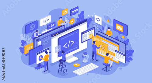Isometric illustration of website development process by software developers and programmers