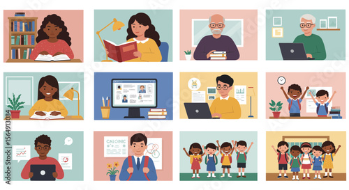 Diverse individuals engaged in learning, teaching, and remote work from various backgrounds