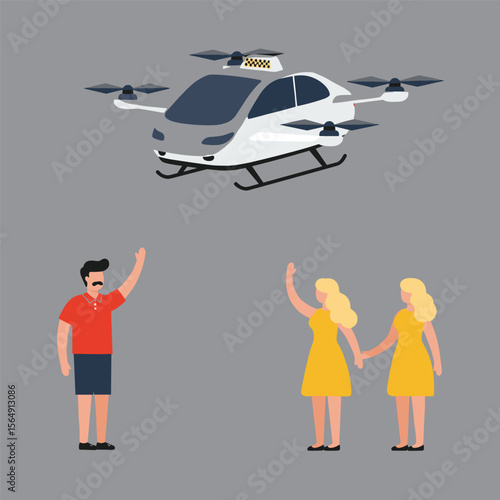 Futuristic air taxi flat vector illustration. Self driving passenger drone, driverless vtol. City travel, urban transportation. Flying cab delivery service