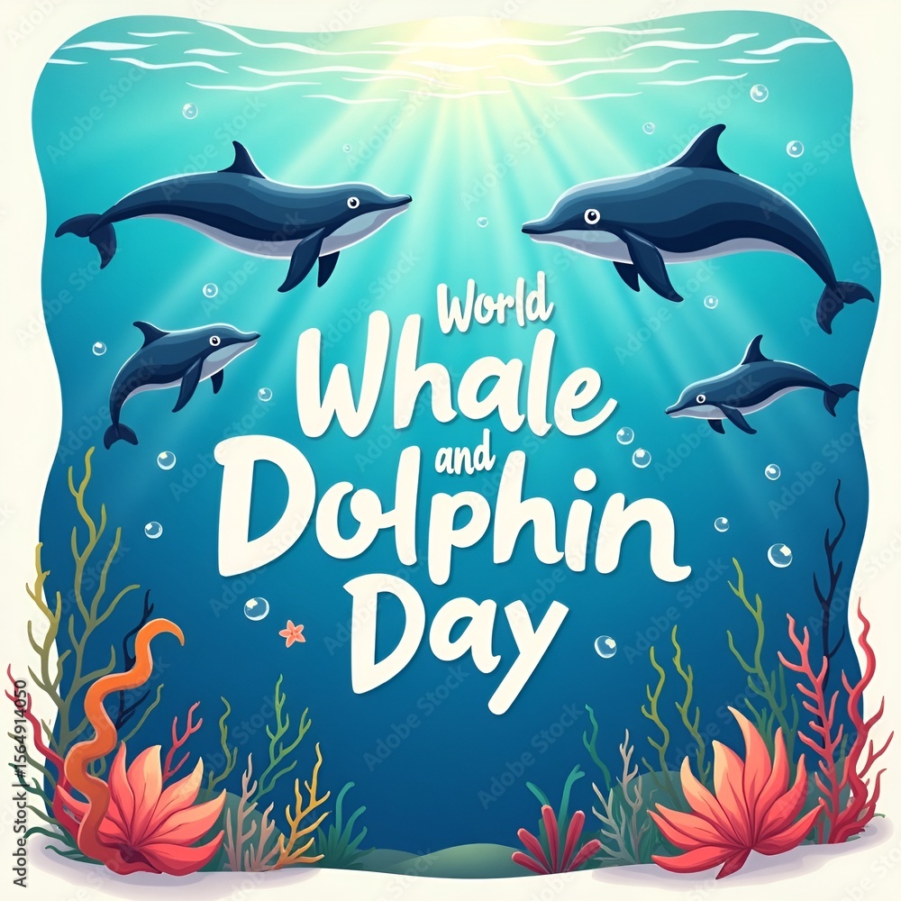 Obraz premium Colorful Poster Illustration of Whales and Dolphins for World Whale and Dolphin Day