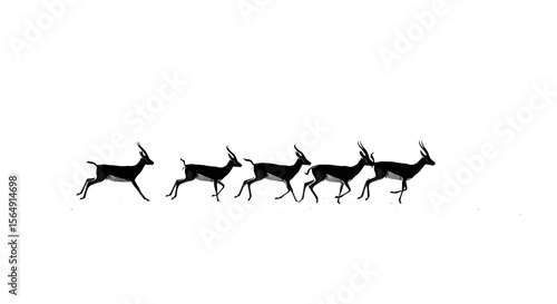 Silhouette of Blackbuck Antelope Herd Running in a Row on White Background, Graceful Blackbuck Antelope Pack in Motion, Isolated Against Plain Backdrop