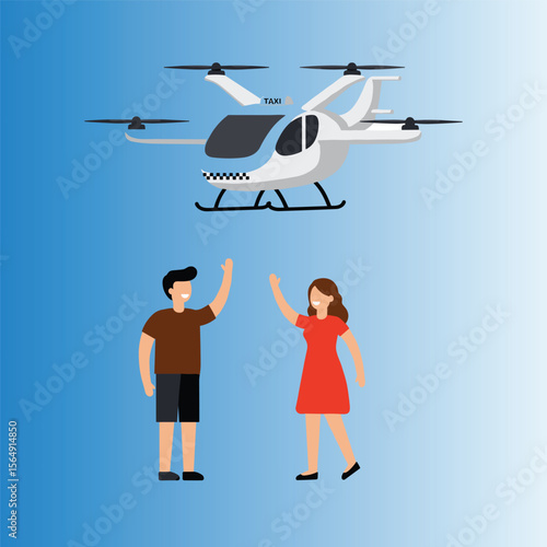 Futuristic air taxi flat vector illustration. Self driving passenger drone, driverless vtol. City travel, urban transportation. Flying cab delivery service
