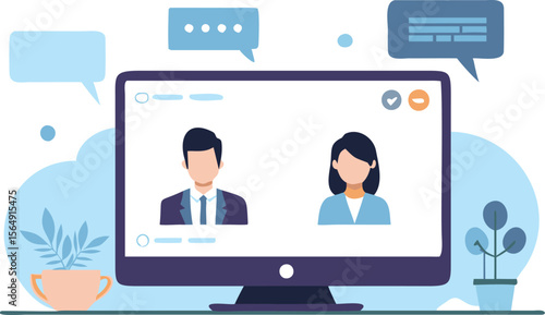 Illustration of a video call on a computer screen with two people and speech bubbles above them