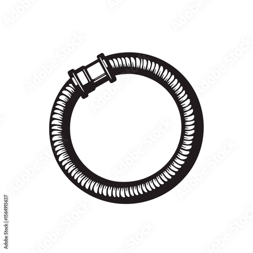 Flexible metal hose coiled in a circle. Durable metal hose with a connector is perfect for industrial applications.