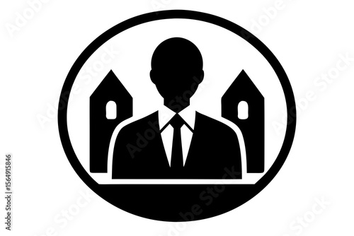Man in Suit with Church Buildings, Black and White Icon