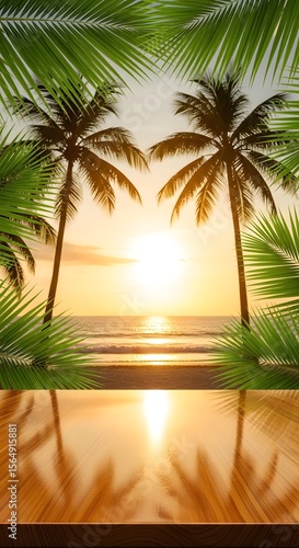 product display with background of palm trees on the beach at sunset