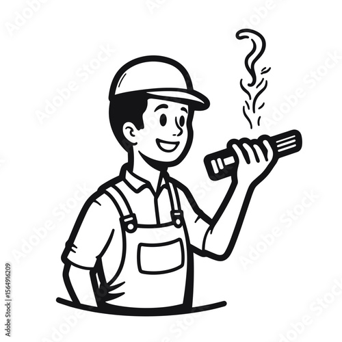 Happy construction worker holding hot soldering iron.  Smiling construction worker in overalls uses professional soldering iron for metalwork.