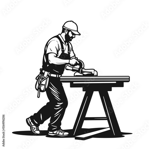 Carpenter using a hand planer on wood plank. Skilled craftsman working with lumber, shaping wood for construction project.  Image depicts detailed woodworking process
