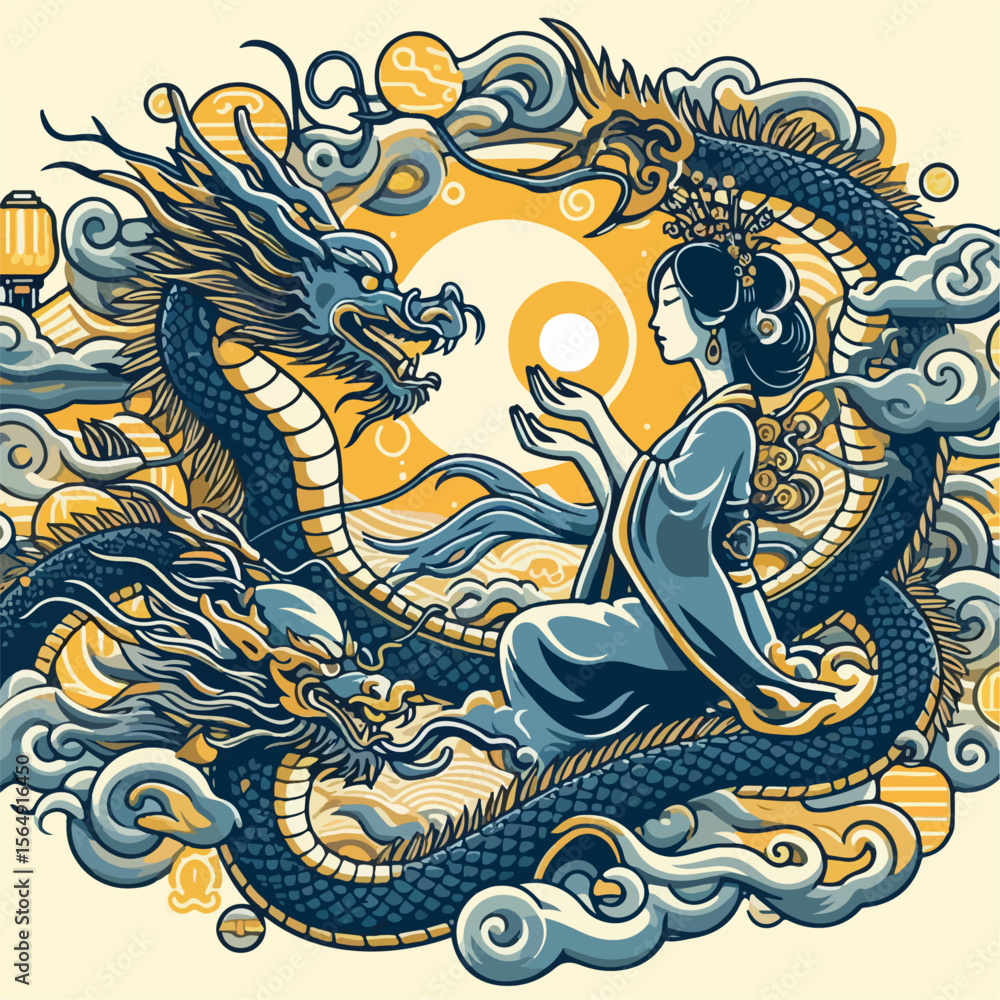 Obraz premium illusration of a woman surrounded by dragons