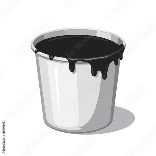 Overflowing bucket of black paint.  Dark paint spills over sides of metal pail.  Glossy paint drips down bucket.  Image perfect for construction material ads.