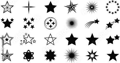 Star Vector Illustration:, star silhouette vector illustration featuring a diverse collection of stars and star like shapes,showcases solid, 