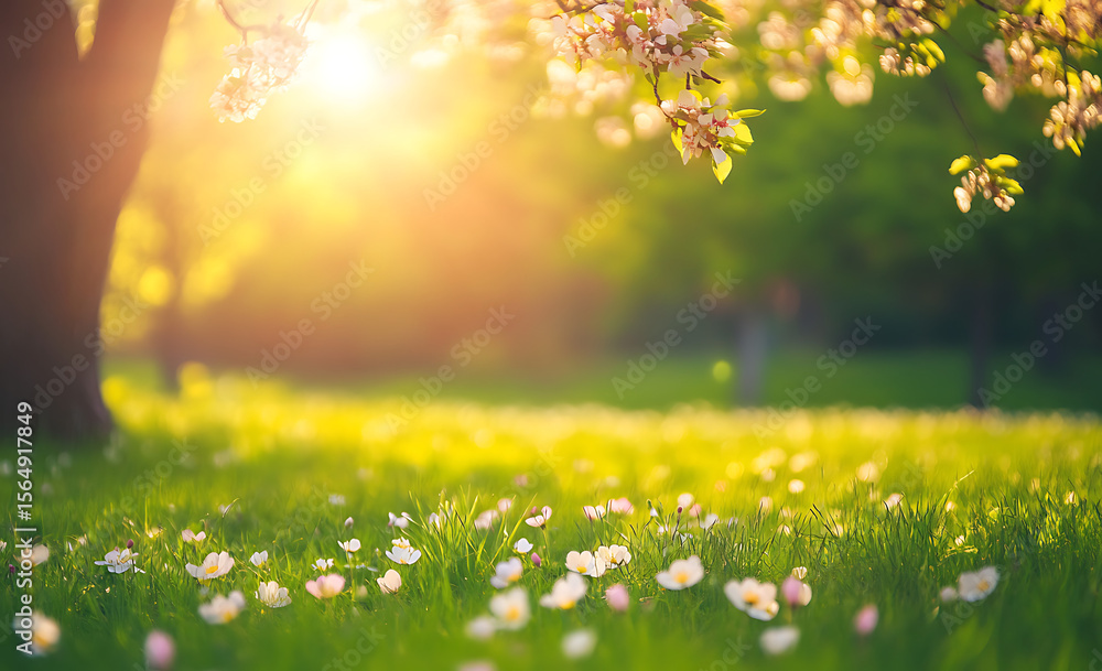 Obraz premium Beautiful spring background with blurred green grass, trees, and flowers on a sunny day. Spring meadow landscape with a copy space area for design. Beautiful nature scene in the park. Banner format.