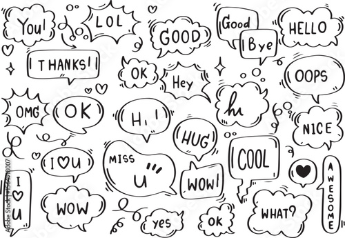 Comic Speech Bubble Doodle Pack – OK, YES, HI, LOL, What, Good Bye, Funny Dialog Cloud Icons
