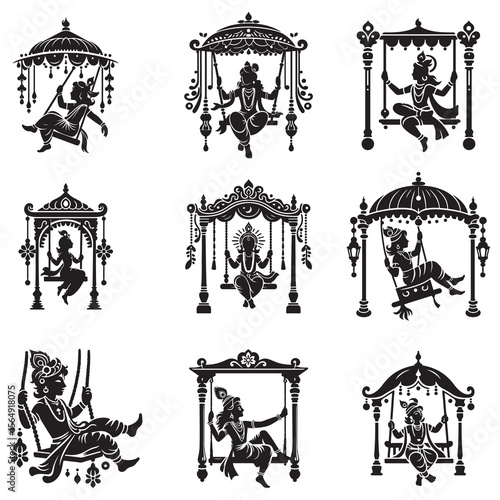 Collection of silhouette vector icon of Krishna swinging on a traditional wooden jhula festive posture 