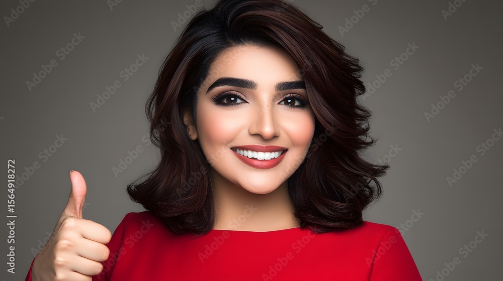Beautiful Woman Red Dress Thumbs Up Portrait Studio Beautiful Woman Red Dress Thumbs Up Portrait Studio