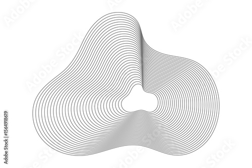 Abstract line art illustration of a unique modern shape that has a hole in the middle. The pattern has multiple gray shades, the lines are curved and create a 3D effect