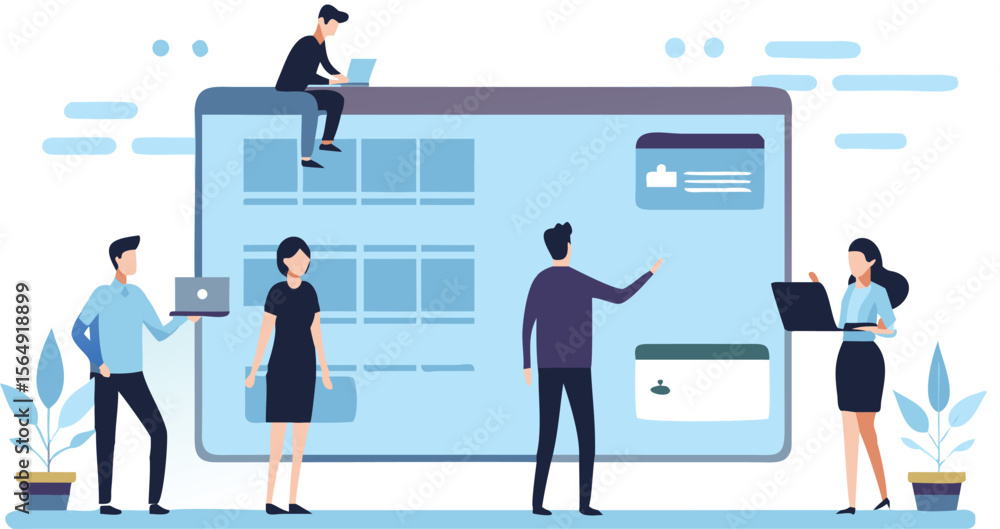 People interacting with a large interface screen with various elements and design components shown on it