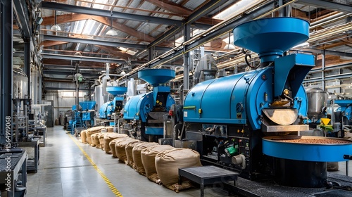 Industrial Coffee Roasting: A detailed view of industrial-scale coffee roasting machines, showcasing the process within a warehouse environment, where precision and efficiency define the production.