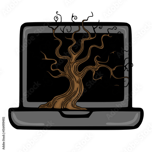 Vector illustration of a stylized dead tree growing inside a laptop screen, symbolizing the concept of digital decay or the obsolescence of technology.