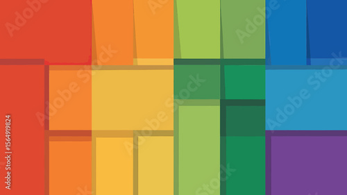 A vibrant mosaic of overlapping rectangles displaying a spectrum of colors in an abstract design style