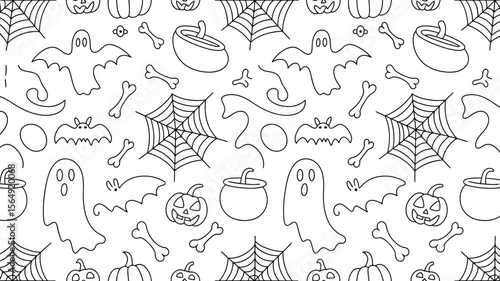 Seamless halloween pattern with ghosts bats pumpkins spiderwebs bones and cauldrons in black and white
