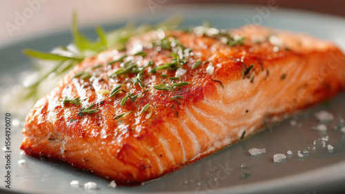 Close up of cooked salmon fillet garnished with herbs and salt, served plate with fresh, appetizing appearance, highlighting texture and color