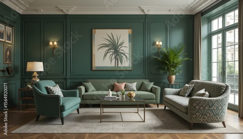 Stylish interior featuring green walls and elegant furniture.
