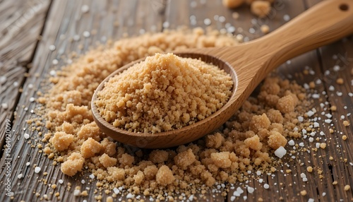 Brown sugar in wooden spoon on rustic wooden surface with granulated sugar surrounding it