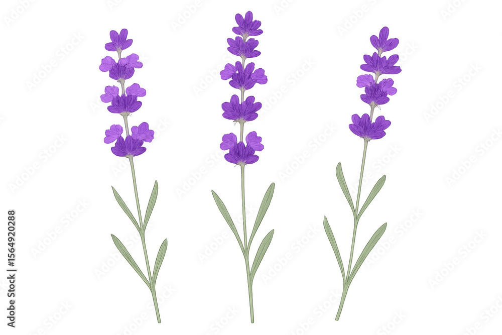 Naklejka premium Illustration featuring three lavender flowers on a transparent background, ideal for various design projects