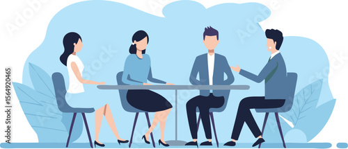 Illustration of four people sitting around a table in a meeting or discussion setting with light blue tones