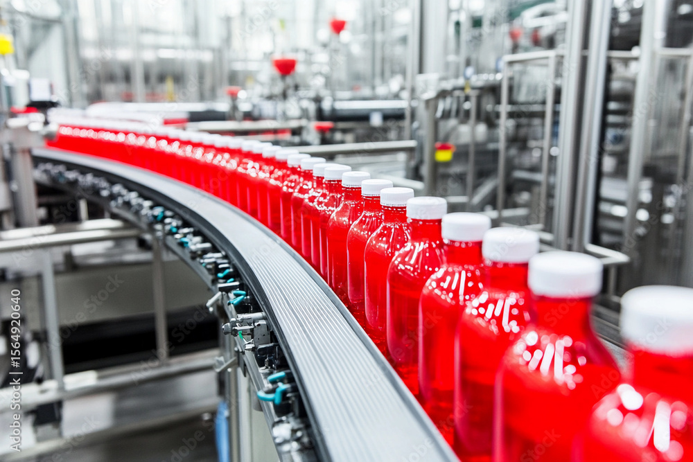 Fototapeta premium Production line filled with vibrant red beverage bottles Generative AI