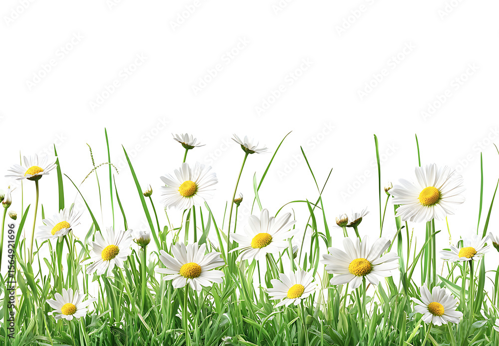 Fototapeta premium Beautiful spring border with green grass and daisies on a white background, detailed illustration, high-resolution, professional photograph. 