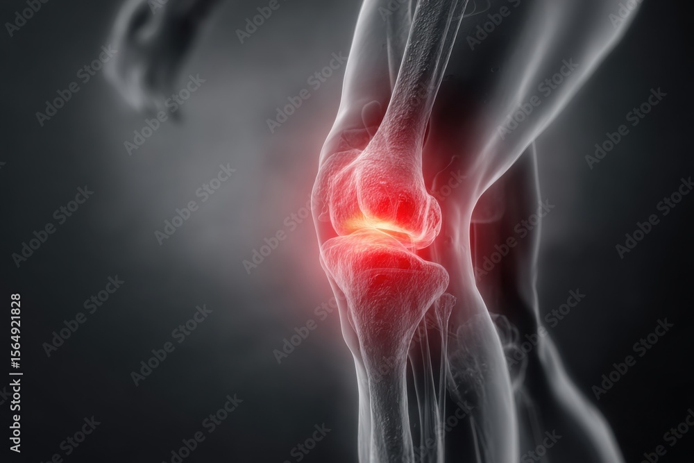 Obraz premium A close-up of the knee pain, set against a gray background. The focus is on detailed anatomy and texture.